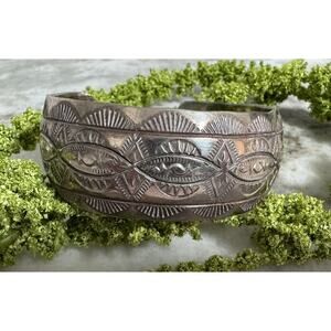 Vintage Sterling Silver Navajo Signed Engraved Cuff Bracelet